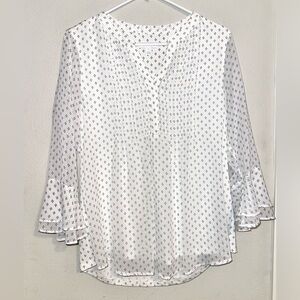 Charter Club White Blouse with Black Micro Print and Ruffle Sleeves